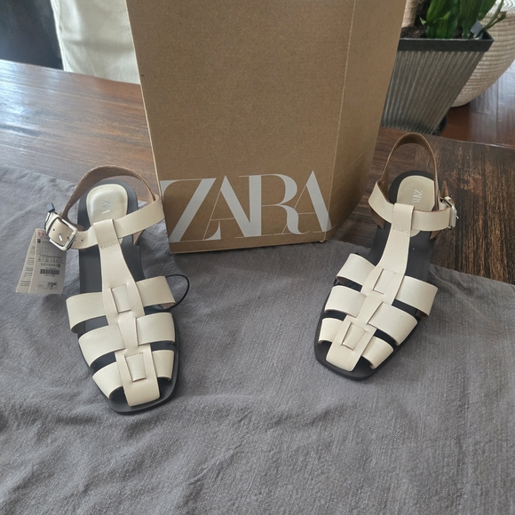 Zara Women's Black and Cream Fisherman Sandals With Heel Size 11 NWT - Picture 2 of 8